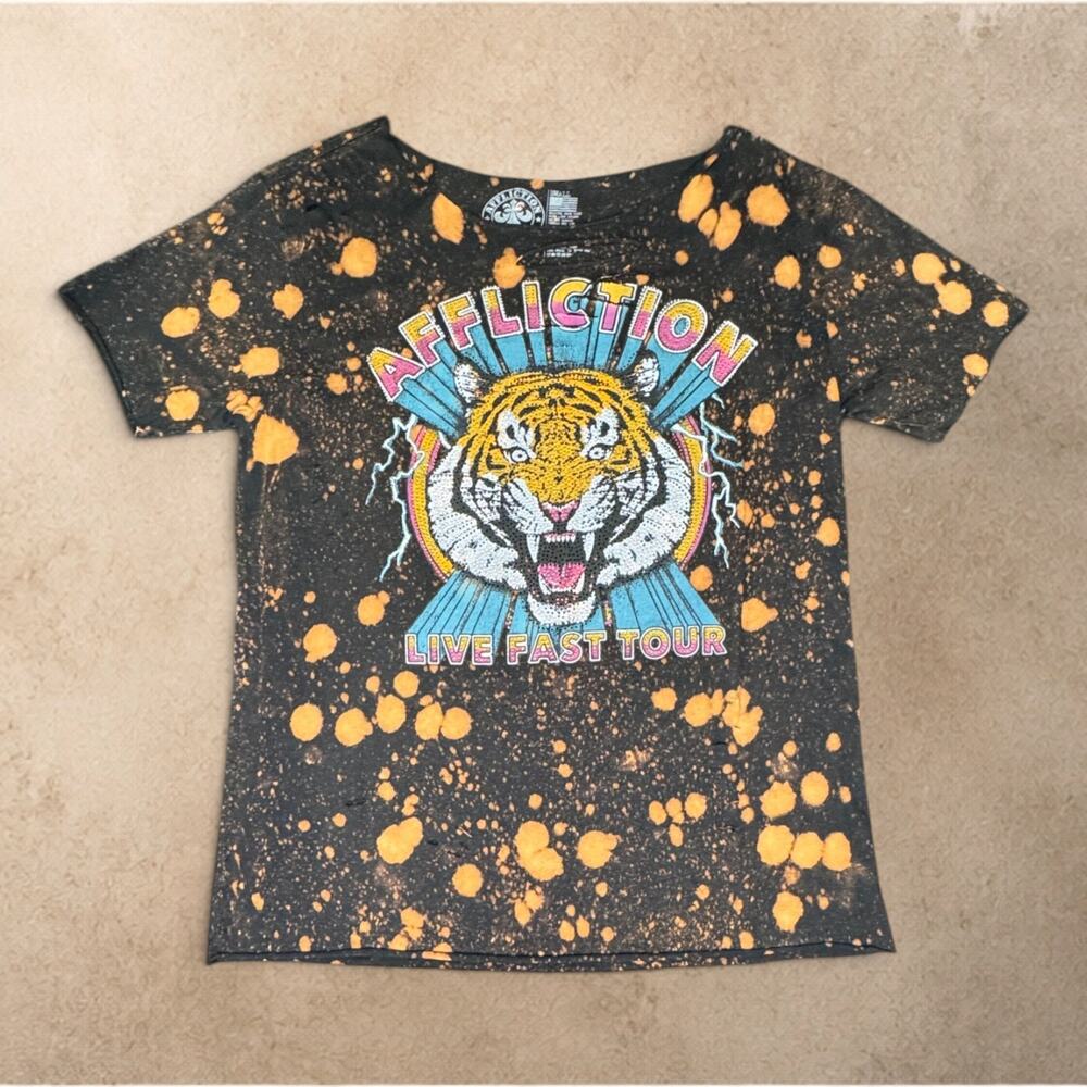 Affliction T-Shirt Women's Small Bleach Distressed Rip Jeweled Tiger Graphic Tee